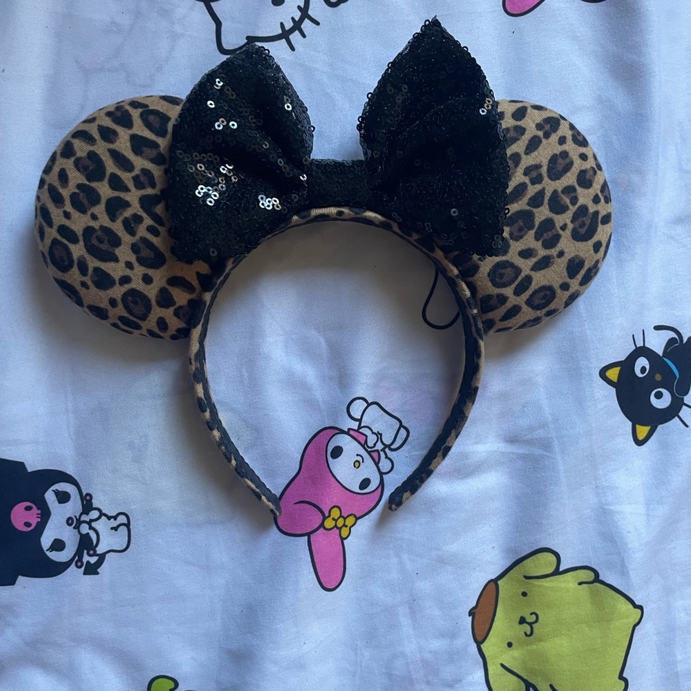 Leopard Print Mouse Ears Headband with Black Sequin Bow